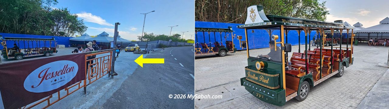 Left: Entrance to the South Jetty. Right: Shuttle tram (tourist tram) of Jesselton Point Ferry Terminal
