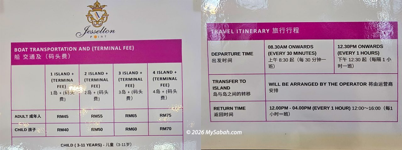 Left: Boat transportation and terminal fees for transfers to the island(s). Right: Departure and return times.