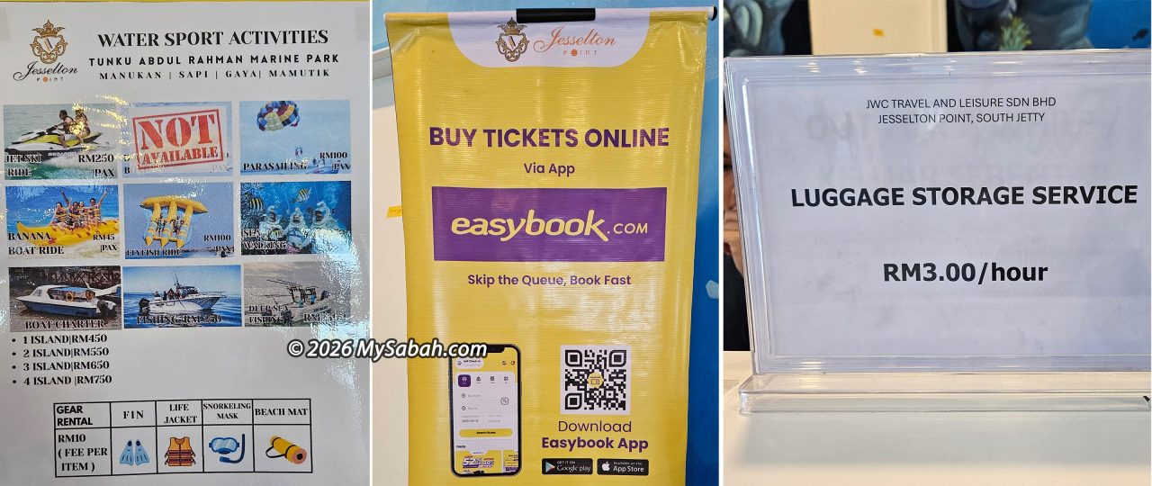 Left: Price list for watersport activities and snorkeling gear rental. Middle: Tickets can be purchased online via Easybook. Right: Luggage storage is available at the jetty.