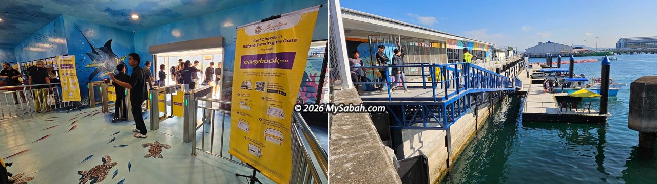 Left: Departure gate for island trips. Right: Tourists boarding the boat to the islands.