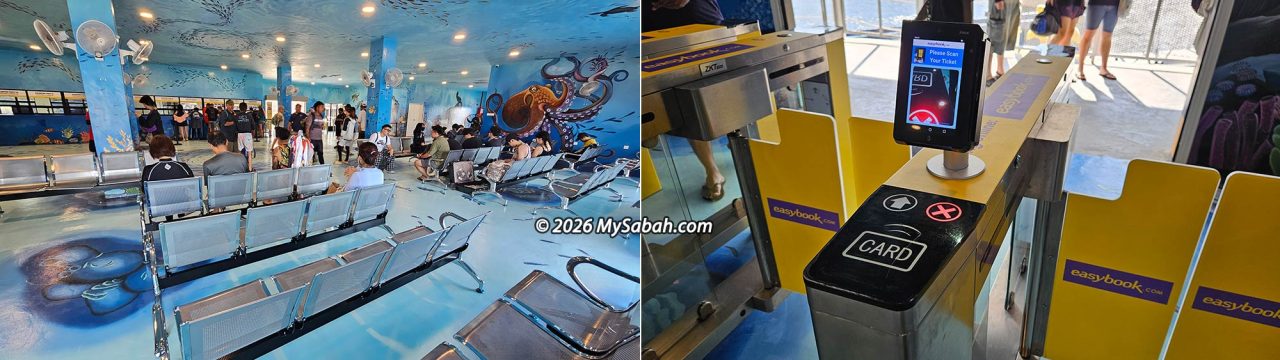 Left: Passenger waiting area. Right: Automated ticket turnstiles for boarding.