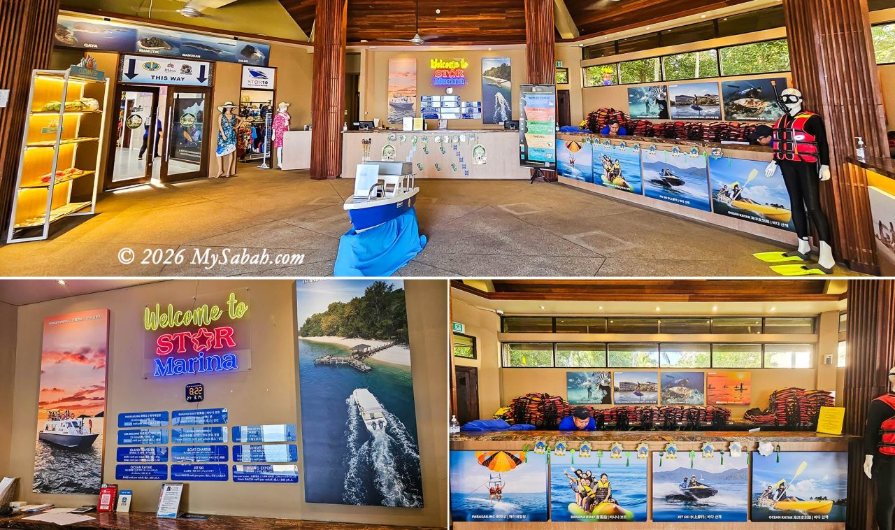 The ticketing hall of STAR Marina and the collection counter for snorkeling gears.