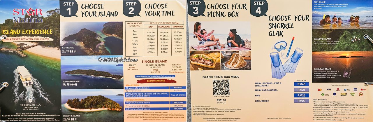 Boat transfer price list and departure times to the islands (as of March 2026). Snorkeling gear rentals and packed lunch boxes are also available for an additional fee.