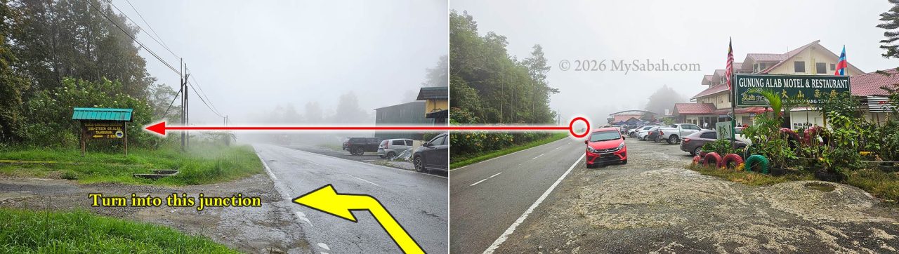 Junction to the Gunung Alab Substation. The signboard reads "Taman Banjaran Crocker Sub-Stesen GN. Alab, Tambunan".