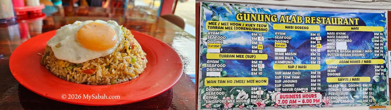 Left: My favourite Nasi Goreng Kampung. Right: The food menu at Gunung Alab Restaurant.