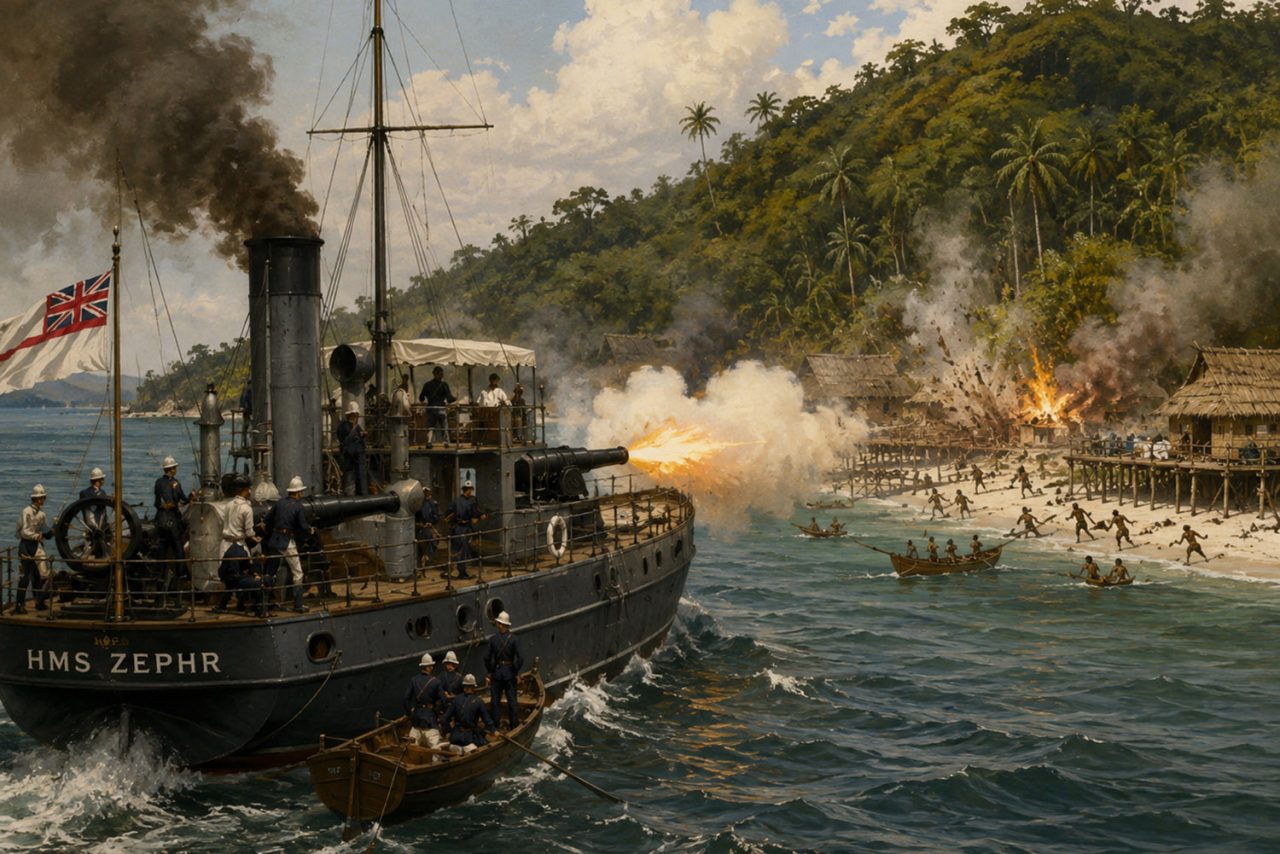 (AI photo) British forces sent their steam gunboat, HMS Zephyr, to attack Omadal Island in 1892.