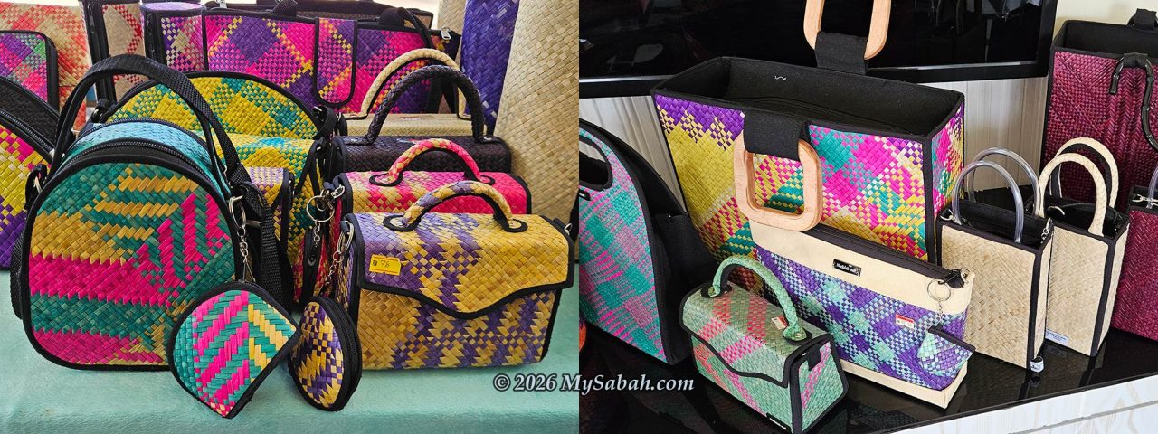 Vibrant baskets and bags handwoven from dyed pandanus leaves by the weavers of Omadal.