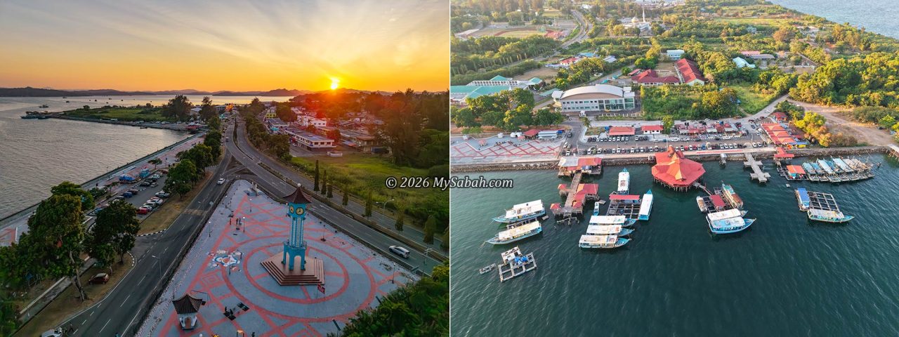 Left: Sunset at the Kudat Esplanade. Right: Restaurants at the Esplanade.