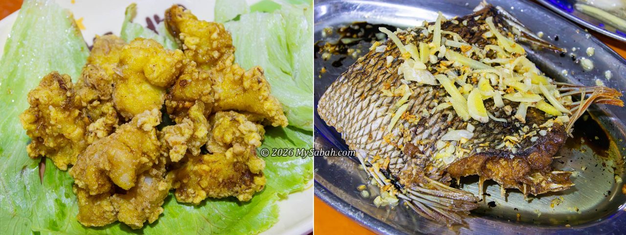 Left: Fried squid, a must-try dish. Right: Fried red snapper.