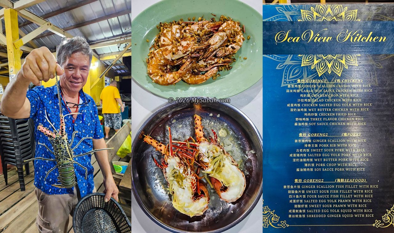 Left and middle: Lobster and prawns from Kedai Makan Hiew. Right: Menu of Sea View Kitchen, where you can order fried rice, noodles, and other common dishes.