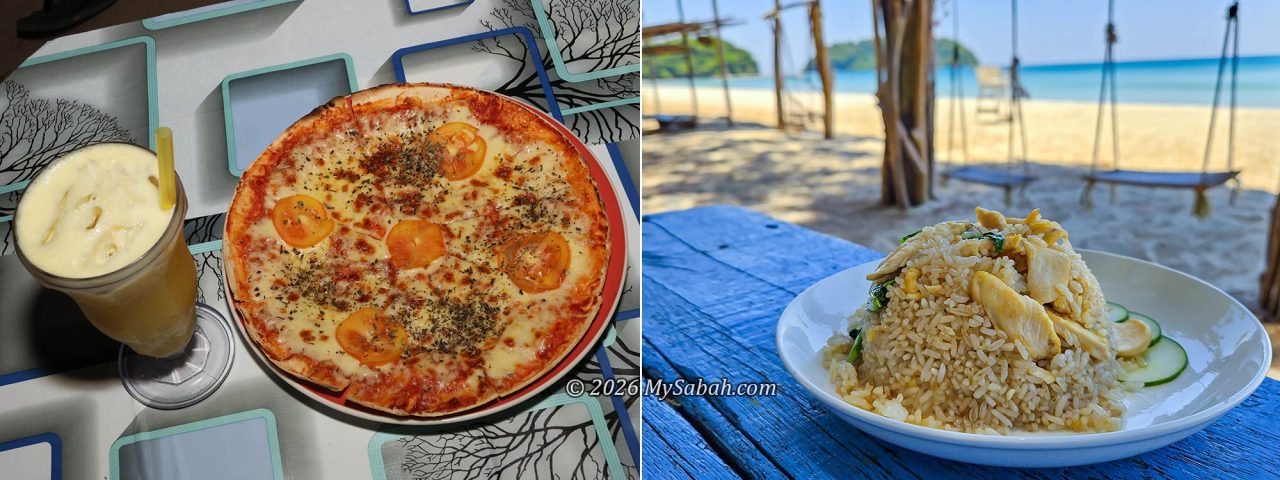 Left: Firewood baked pizza and pineapple juice. Right: Chicken fried rice.