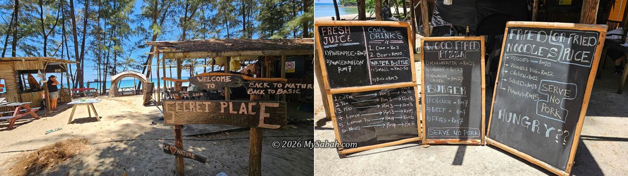 The Secret Place Cafe and Camping, and the food menu