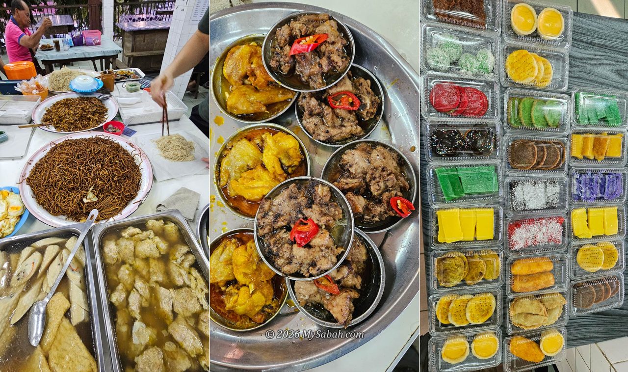 Left: Three types of fried noodles. Middle: Dim Sum (steamed pork ribs and curry chicken). Right: Colorful kuih (cakes and pastries) sold at the halal section.