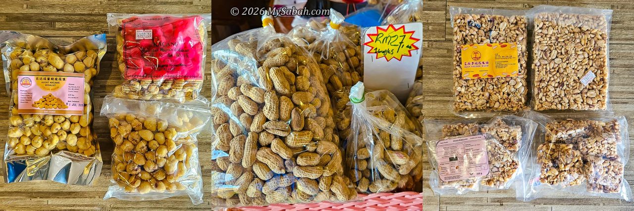 Left: Crispy peanuts (available in original, salted egg, and cheese flavours). Middle: Kudat peanuts (古达红皮花生). Right: Peanut candies.