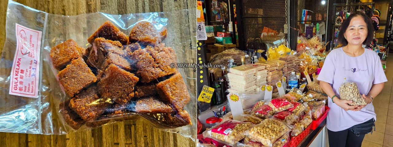 Left: Coconut candies. Right: A local artisan who has been selling Kudat snacks for over 20 years.