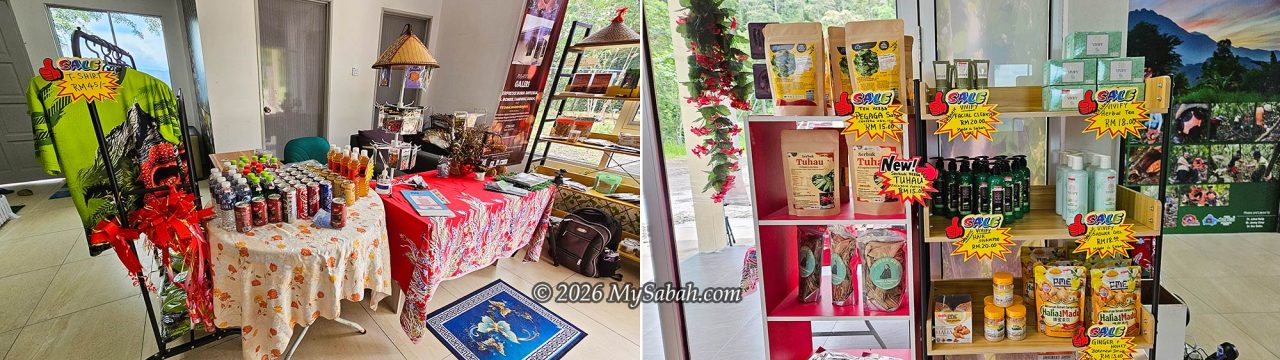 A shop corner in the gallery where you can buy souvenirs and local products.