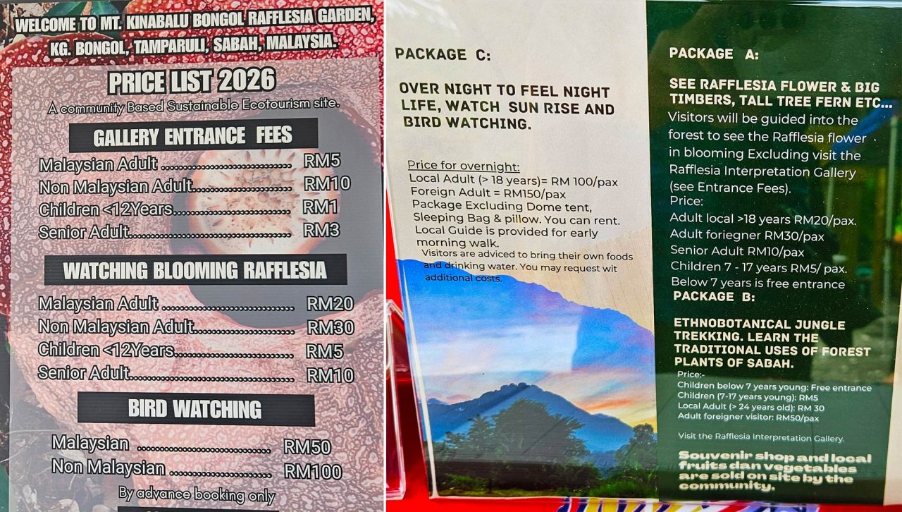 Entrance and activity fees for Mt. Kinabalu Bongol Rafflesia Garden (price list as of August 2026).