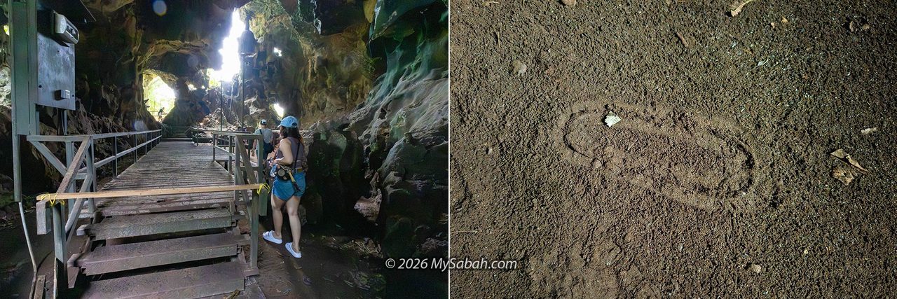 Left: The raised boardwalk in Agop Lintanga (closed). Right: A footprint on the bat guano.