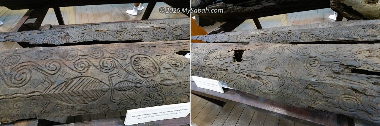Surface carvings on the lid of a log coffin from Batu Supu. Motifs include ferns, spiral scrolls, leaf patterns, diamond rosettes, circular floral medallions, and wild animals.