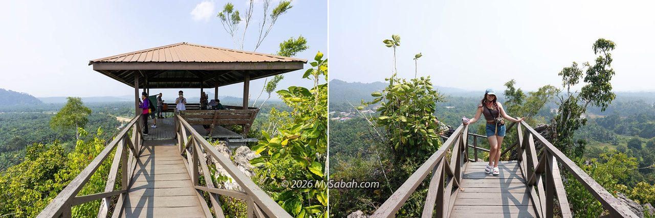The shelter and wooden boardwalk atop Batu Tulug hill.