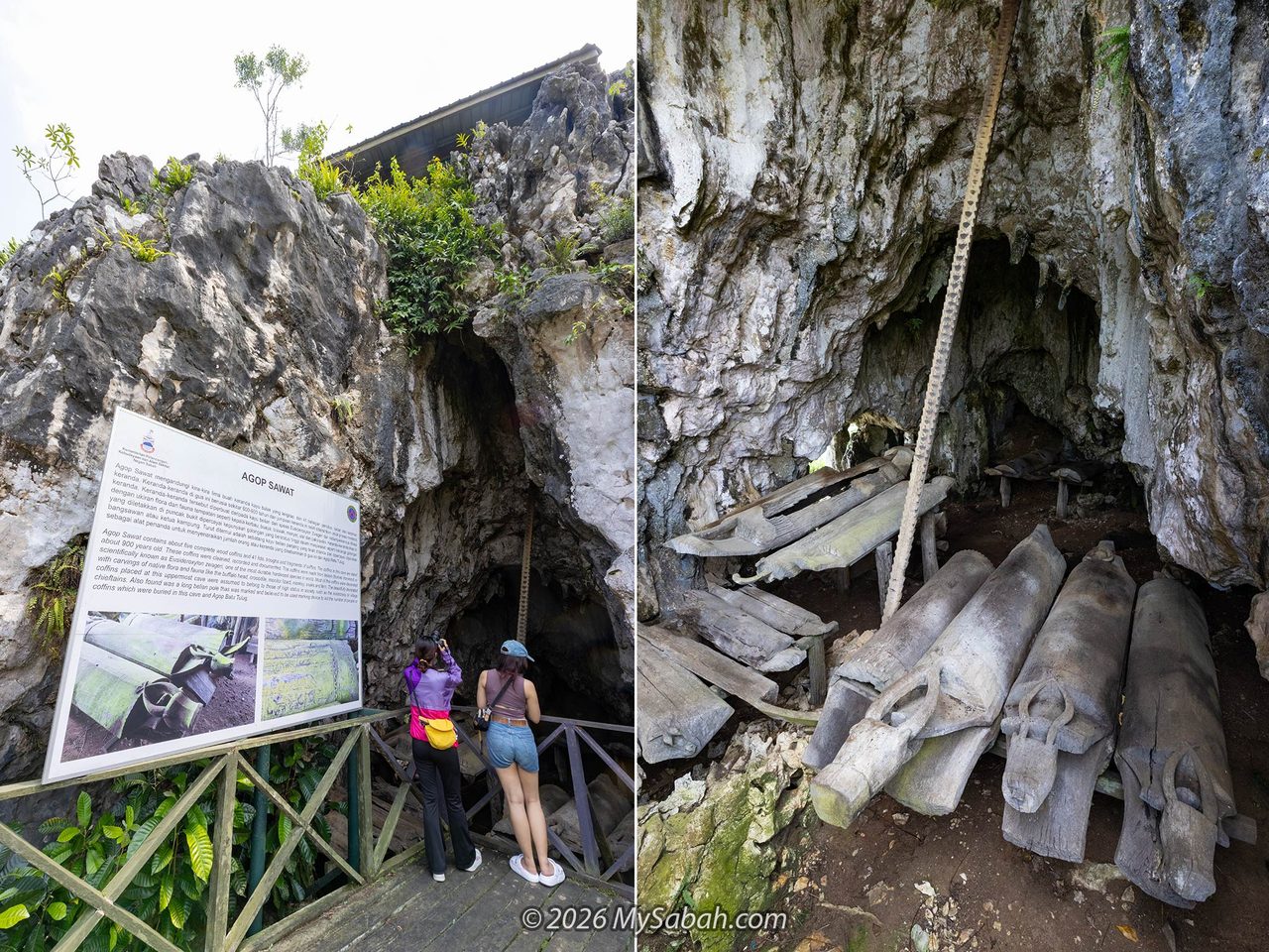 Left: The cave situated directly below the hilltop shelter. Right: VIP log coffins, accompanied by a long wooden marker used to record the number of coffins stored here.