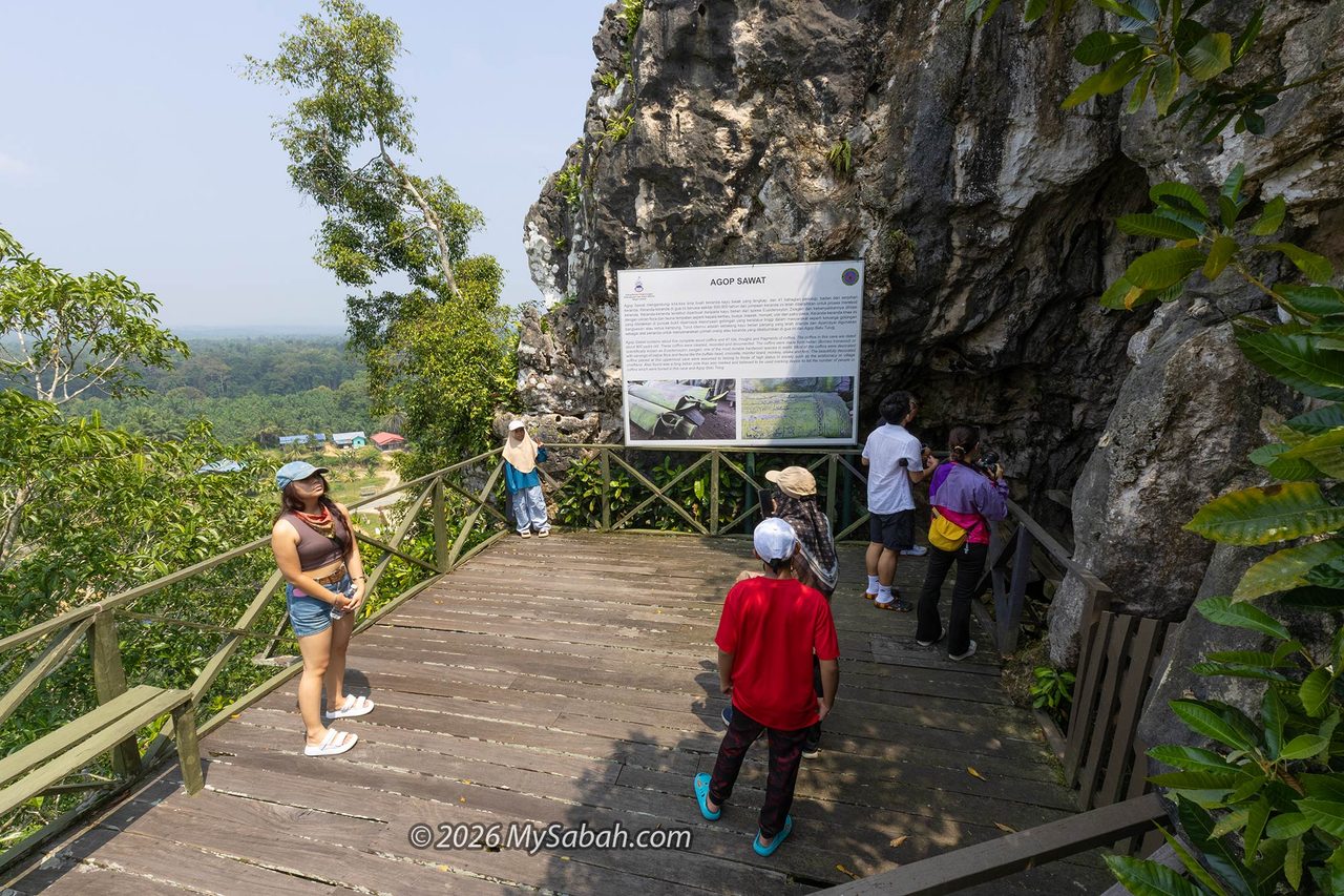 The viewing platform at Agop Sawat cave, offering a view of the log coffins from outside.