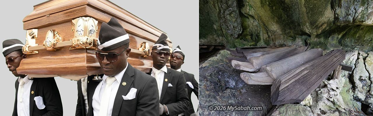 Coffin dancers meme (left) and log coffin of Sabah (right)