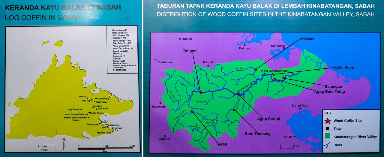 Left: Log coffin burial sites in Sabah. Right: The cave burial sites in the Kinabatangan Valley.
