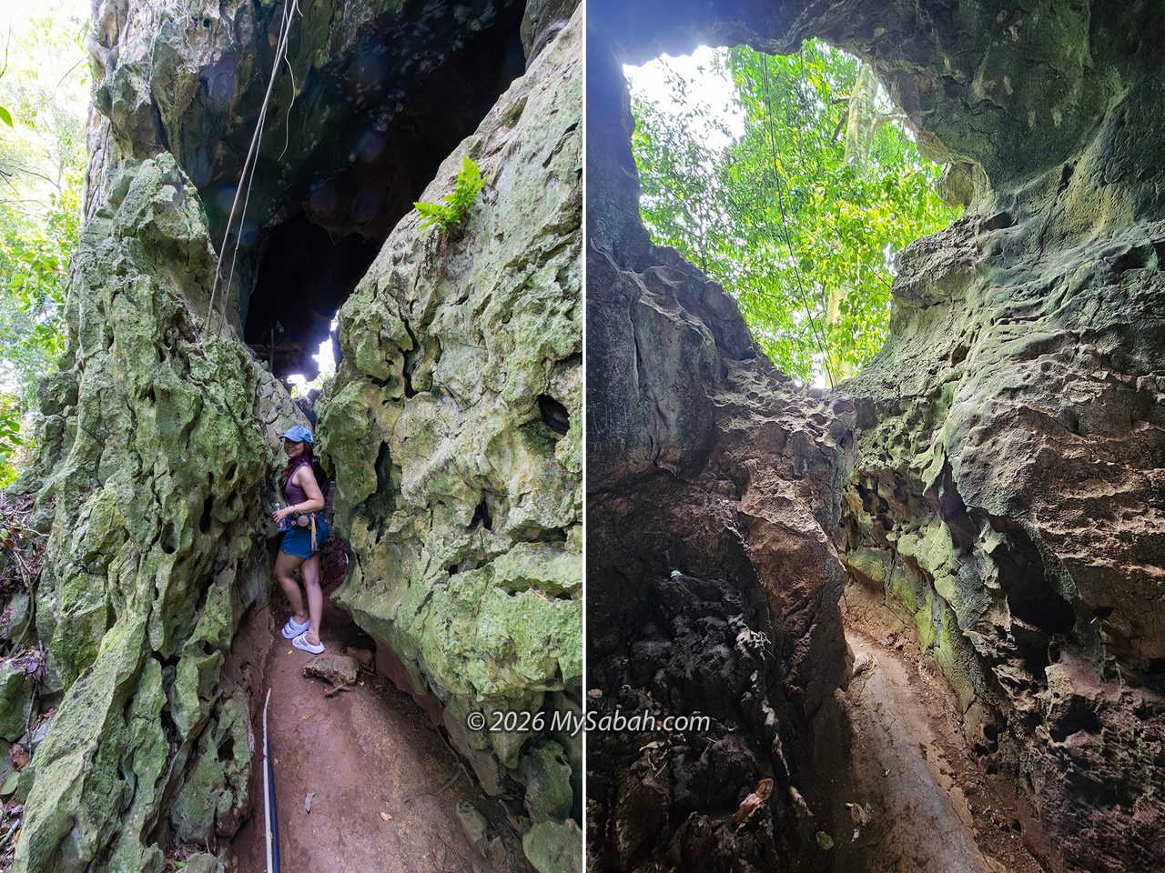 Views from inside and outside the narrow entrance passage to Agop Lintanga (Middle Cave).